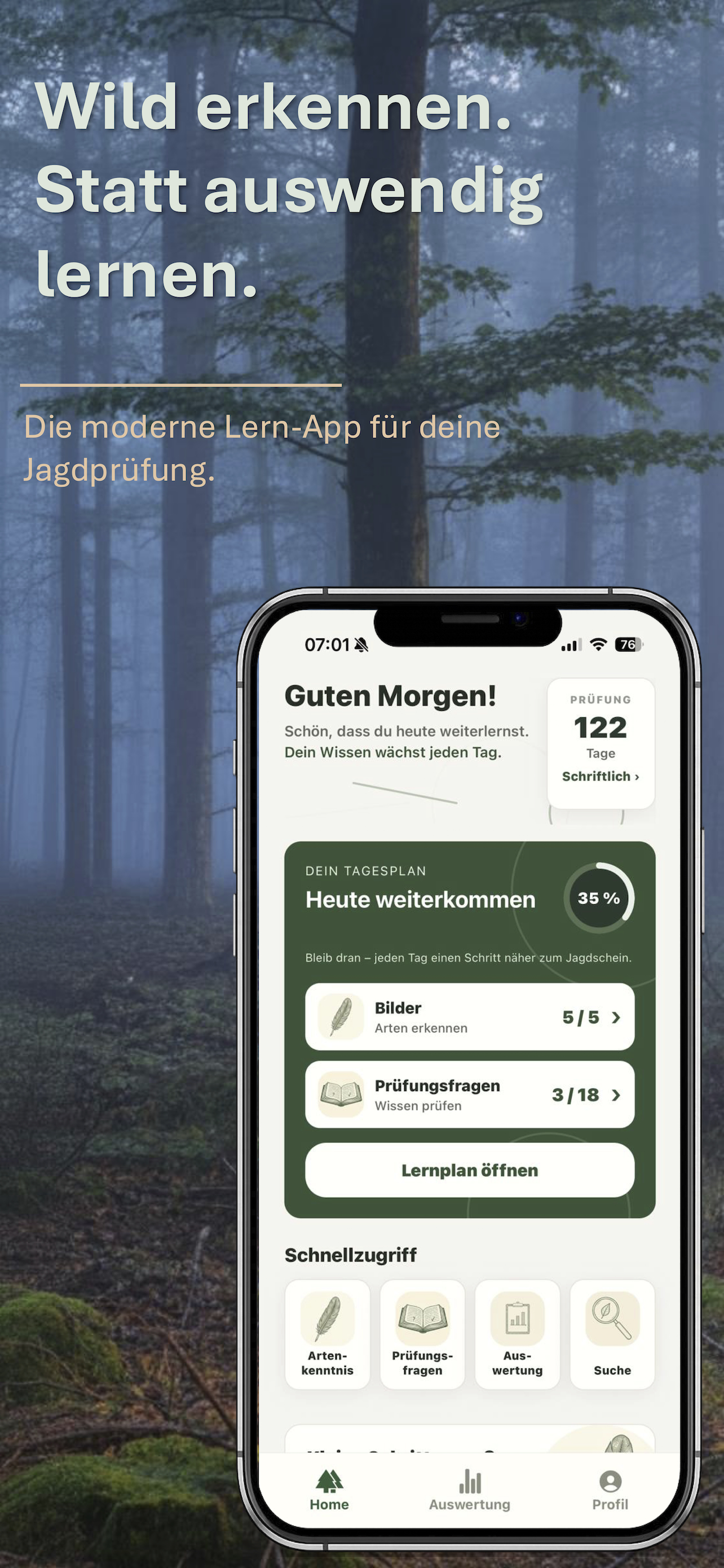 Pirschblick Homescreen mit persönlichem Tageslernplan